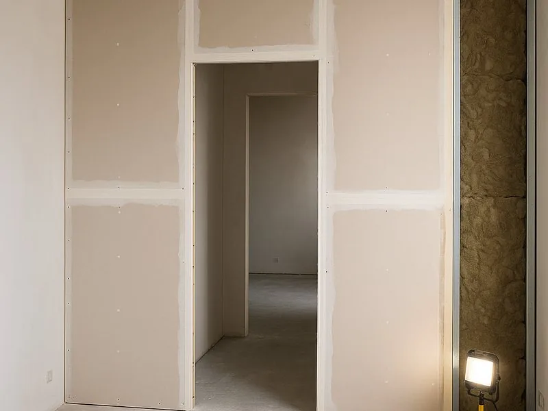 Plasterboard taped and jointed on a new partition in Woolwich